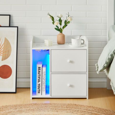 Modern Multi-Functional Nightstand with USB Charging Ports and LED Light Strip