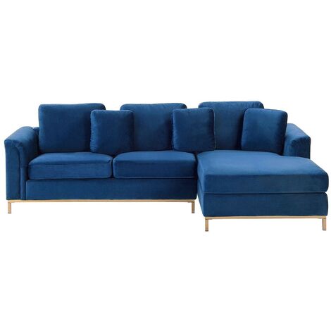Modern Navy Blue Velvet Couch Corner Sofa Gold Legs Left Hand Oslo - Blue