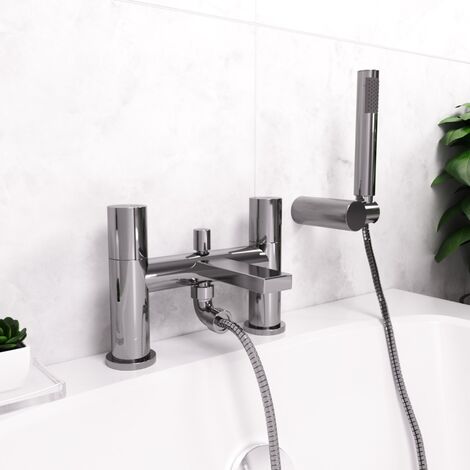Modern Noza Deck Mounted Bath Shower Mixer with Handset and Holder Chrome