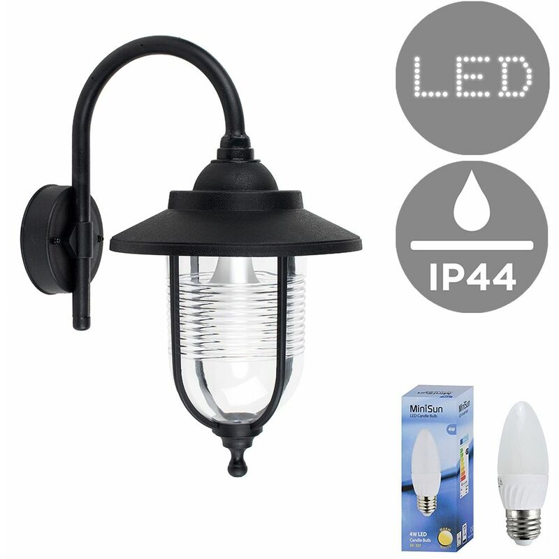 Outdoor Black Swan Neck Wall Light Lantern IP44 Rated - Add LED Bulb