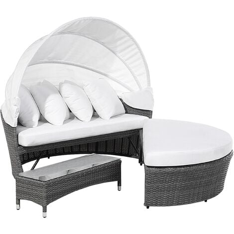 Modern Outdoor Garden Rattan Day Bed Grey Frame White Canopy with Table Sylt Lux