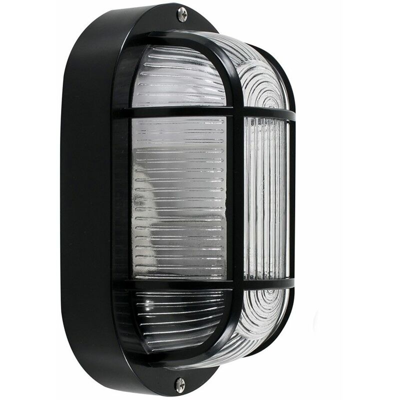 Outdoor Garden Security Bulkhead Wall Light IP44 Rated + Cool White Candle LED Bulb - Black
