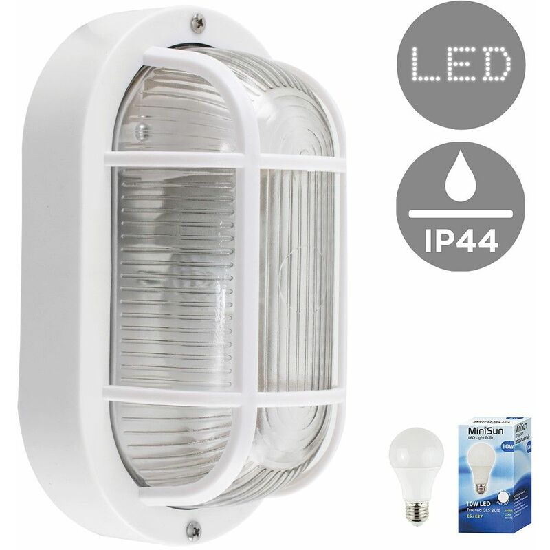 Outdoor Garden Security Bulkhead Wall Light IP44 Rated + Cool White Candle LED Bulb - White