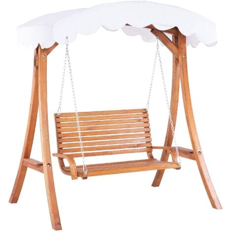 Modern Outdoor Garden Swing Larch Wood Beige Canopy Tray Freestanding Andria
