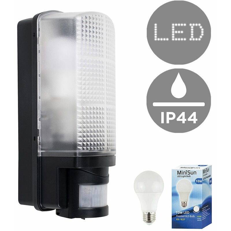 Outdoor Heavy Duty Plastic IP44 Rated 110 Degree Movement Sensor Bulkhead Security Wall Light - Equipped with PIR Motion Detector - 10W LED GLS Bulb