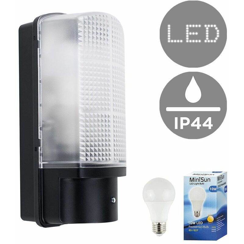 Outdoor Heavy Duty Plastic IP44 Rated Dusk To Dawn Bulkhead Security Wall Light - 10W LED GLS Bulb - Warm White