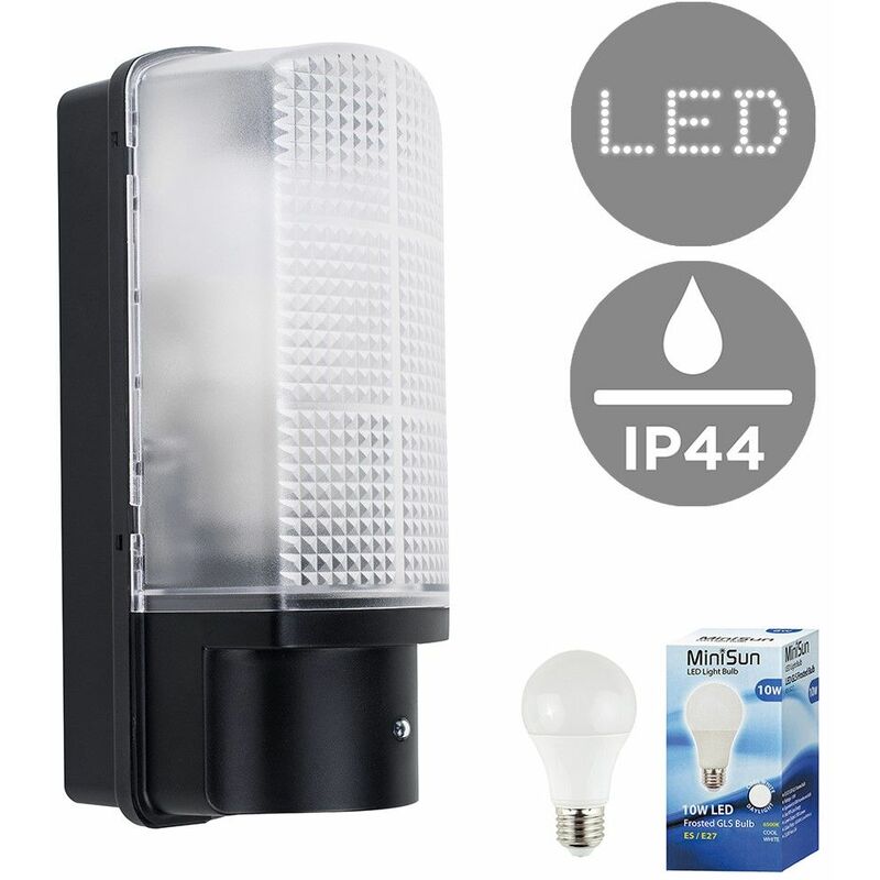 Outdoor Heavy Duty Plastic IP44 Rated Dusk To Dawn Bulkhead Security Wall Light - 10W LED GLS Bulb - Cool White