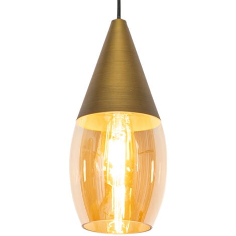 QAZQA Modern Pendant Light Gold with Amber Glass - Drop