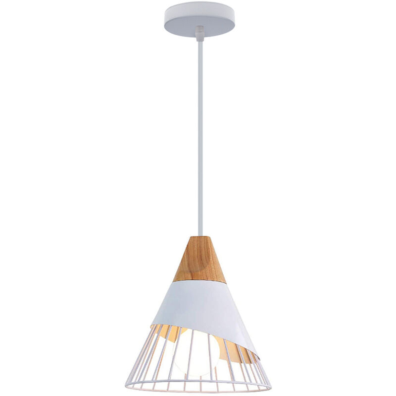 Modern Pendant Light in Badminton Shape, Wooden Hanging Ceiling Lamp, E27 Chandelier with Metal Cage for for Kitchen Island Dining Room (White)