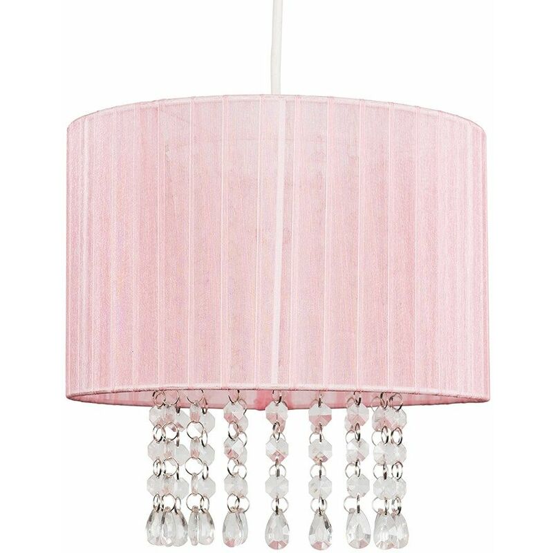 Pink Voile Ribbon Wrapped Pendant Shade With Acrylic Droplets 10W LED GLS Bulb Warm White