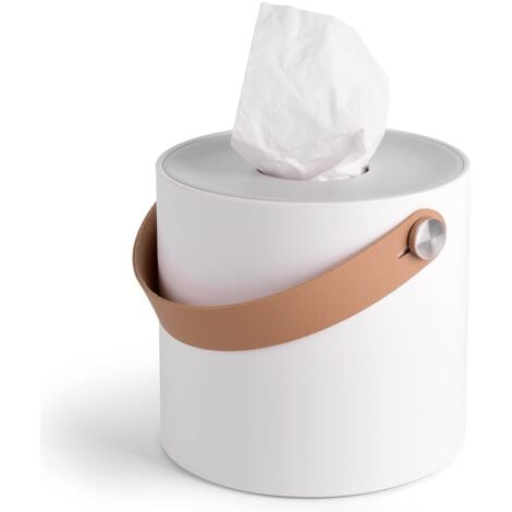 Modern Plastic Round Tissue Dispenser Holder with Leather Handles for Bathroom Vanity Tops, Dressers, Nightstands, Desks and Tables (White)