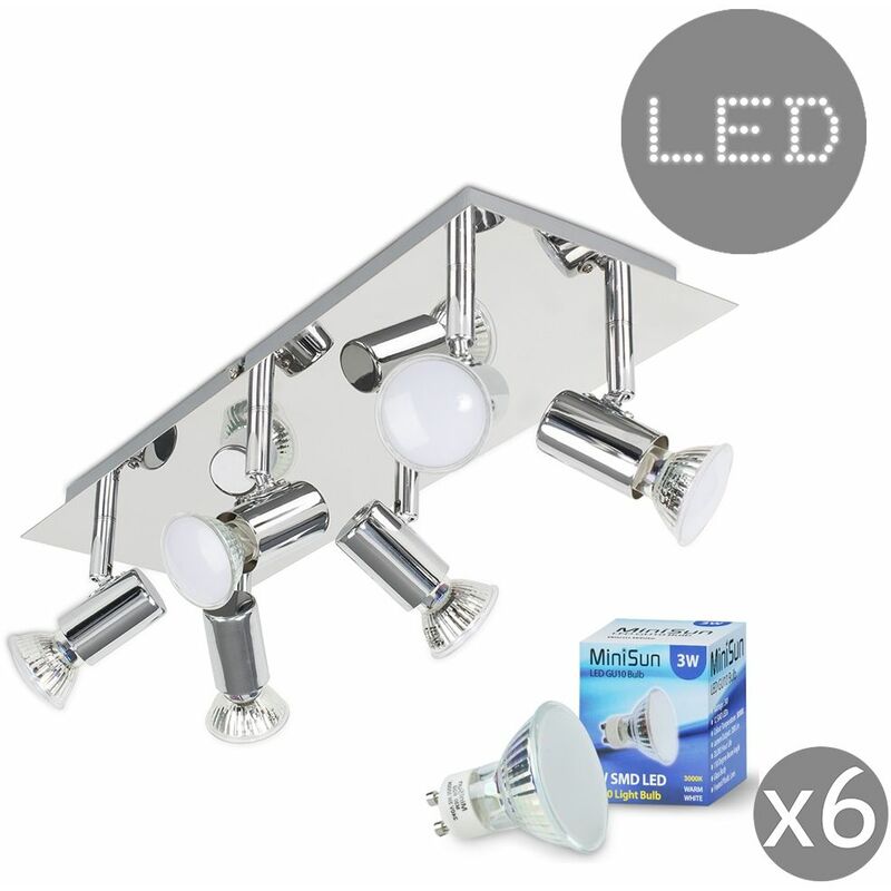 Minisun - Rectangular 6 Way Adjustable Ceiling Spotlight + 3W Warm White LED GU10 Bulbs - Chrome