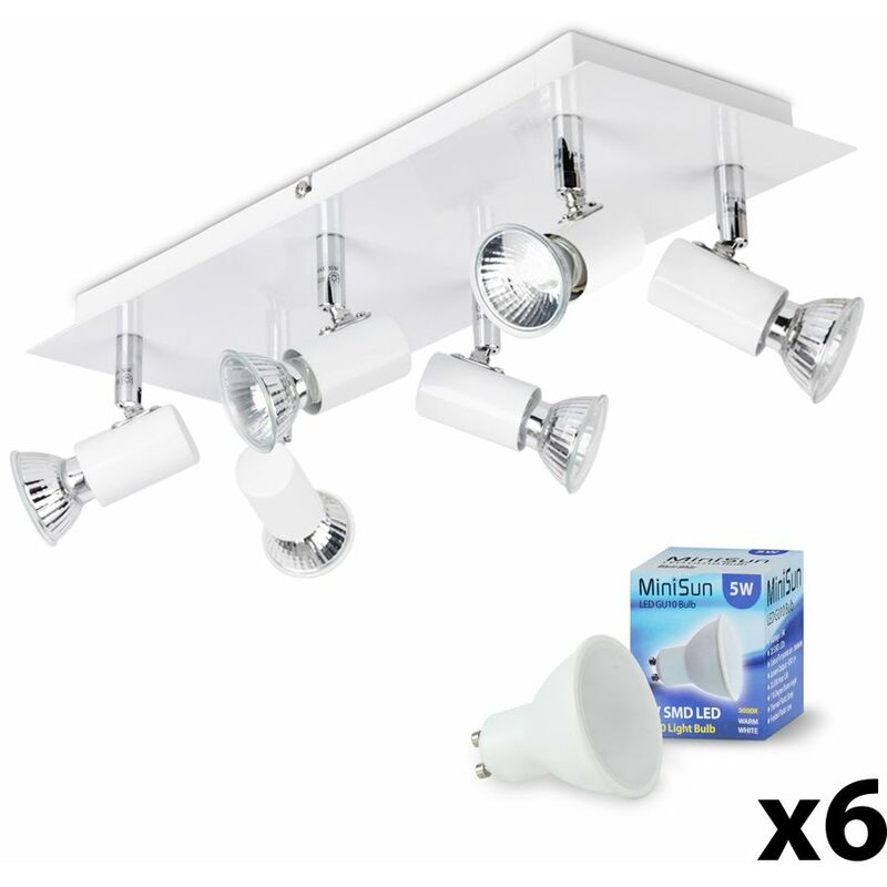 Minisun - Rectangular 6 Way Adjustable Ceiling Spotlight + 5W Warm White LED GU10 Bulbs - White