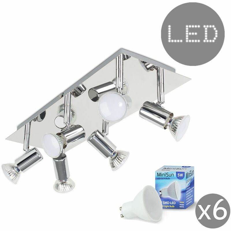 Minisun - Rectangular 6 Way Adjustable Ceiling Spotlight + 5W Warm White LED GU10 Bulbs - Chrome