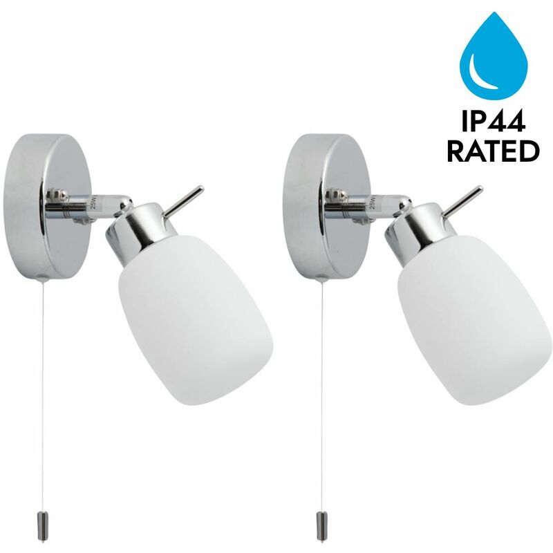 First Choice Lighting - Pair of Polished Chrome IP44 Bathroom Wall Light With Pull Cord Switch