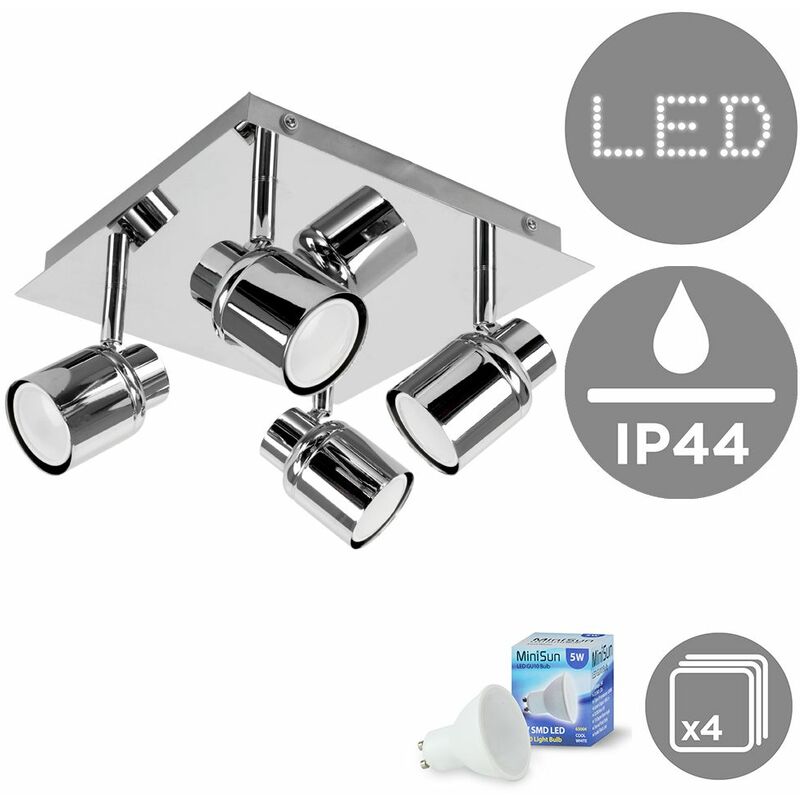 Minisun - Square Plate Adjustable IP44 Bathroom 4 Way Ceiling Spotlight + GU10 LED Bulbs - Cool White