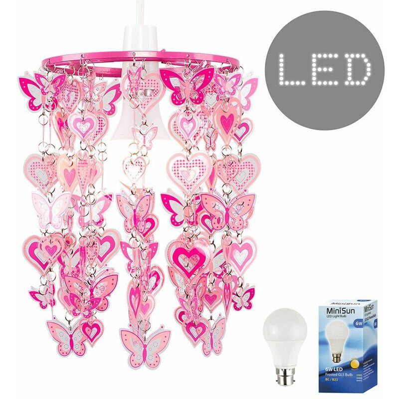 Bedroom Ceiling Pendant Shade Girls Pink Hearts & Butterflies Light Shade - Add LED Bulb