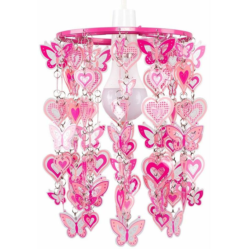 Bedroom Ceiling Pendant Shade Girls Pink Hearts & Butterflies Light Shade - No Bulb