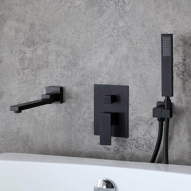 Modern Concealed Tub Faucet with Hand Shower in Solid Brass Black
