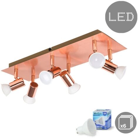 Rectangular Copper Plate 6 Way Adjustable Ceiling Spotlight + 6 x 5W Gu10 LED Bulbs - Cool White