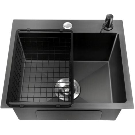 CNCEST Modern Rectangular Stainless Steel Kitchen Sink, Built-in Black, 45x40cm, Undermount, With Drain Basket and Soap Dispenser, Black