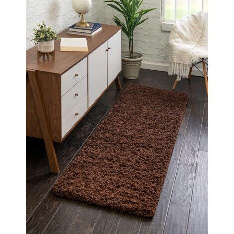 Modern Retro Plain Soft Shaggy Hallway Rug Chocolate Brown 60 x 200 cm (2'X6'7'') Runner