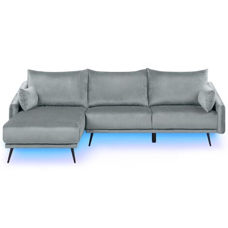 Modern Right Hand Velvet Corner Sofa 3 Seater Chaise Longue LED Grey Varde - Grey