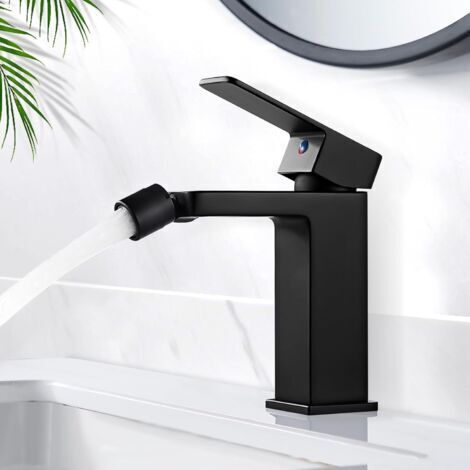 Modern Robinet Lavabo Noir, Robinet Salle Bain en Laiton, Robinet de Bidet avec Bec Normal, Mitigeur Lavabo Noir, Eau Froide & Chaude Disponible