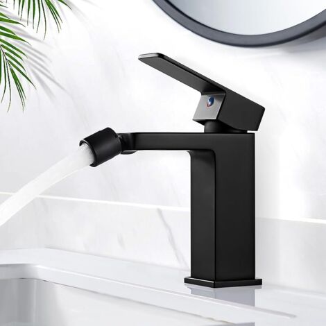 Modern Robinet Lavabo Noir, Robinet Salle Bain en Laiton, Robinet de Bidet avec Rotation Bec Normal, Mitigeur Lavabo Eau Chaude et Froide Disponible, Aérateur Anti-Éclaboussures, G3/8