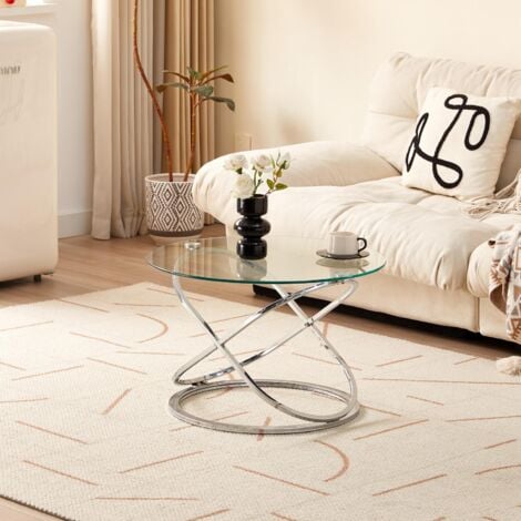 KOSY KOALA Modern Round Center Table with Chrome Frame for Living Room - Contemporary Glass Top Coffee Table