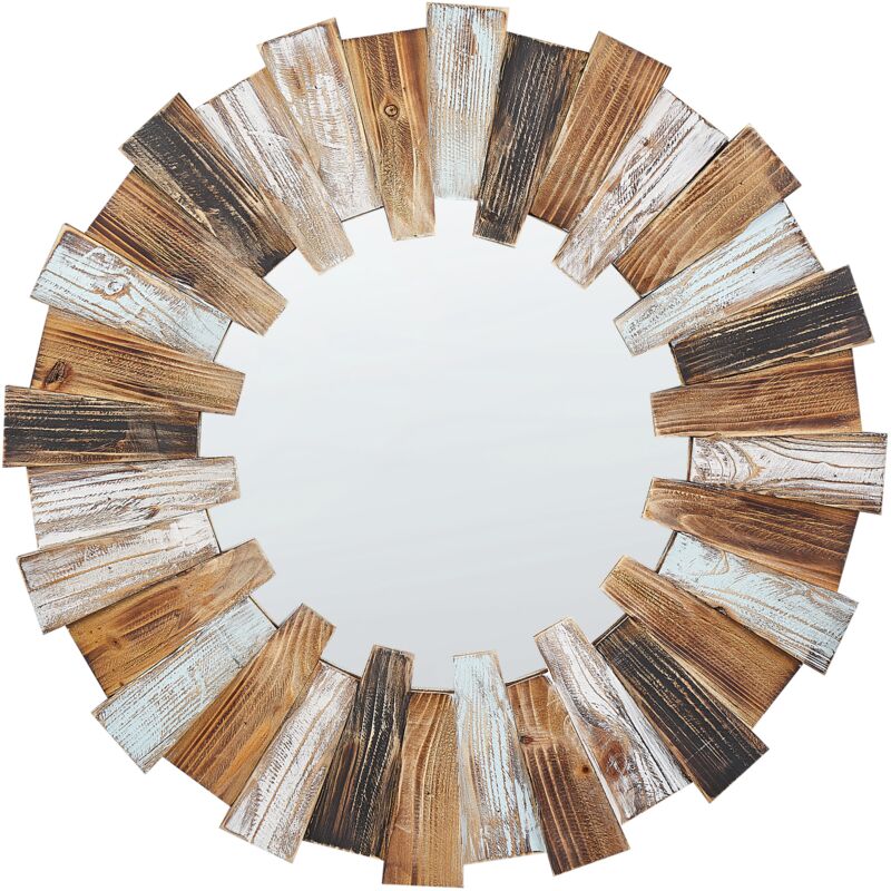 Modern Round Decorative Wall Mirror ø 66 cm Handmade Light Wood Ecatepec