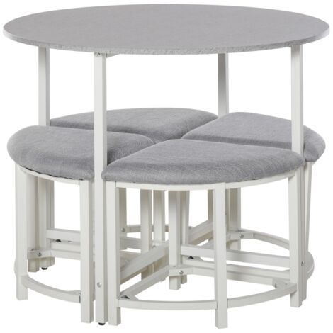 Modern Round Dining Table Set with 4 Upholstered Stools for Dining Room, Kitchen, Grey