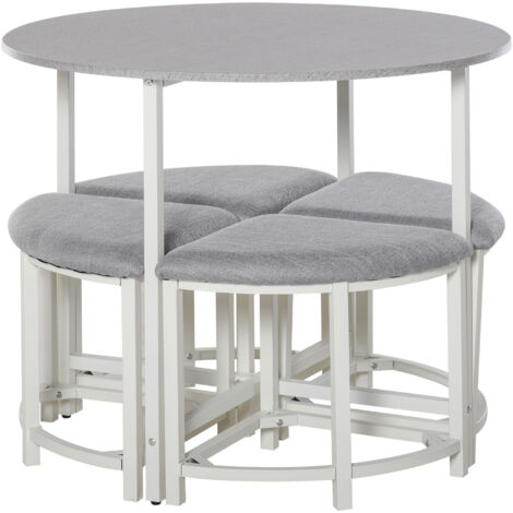 Modern Round Dining Table Set with 4 Upholstered Stools for Dining Room, Kitchen, Grey