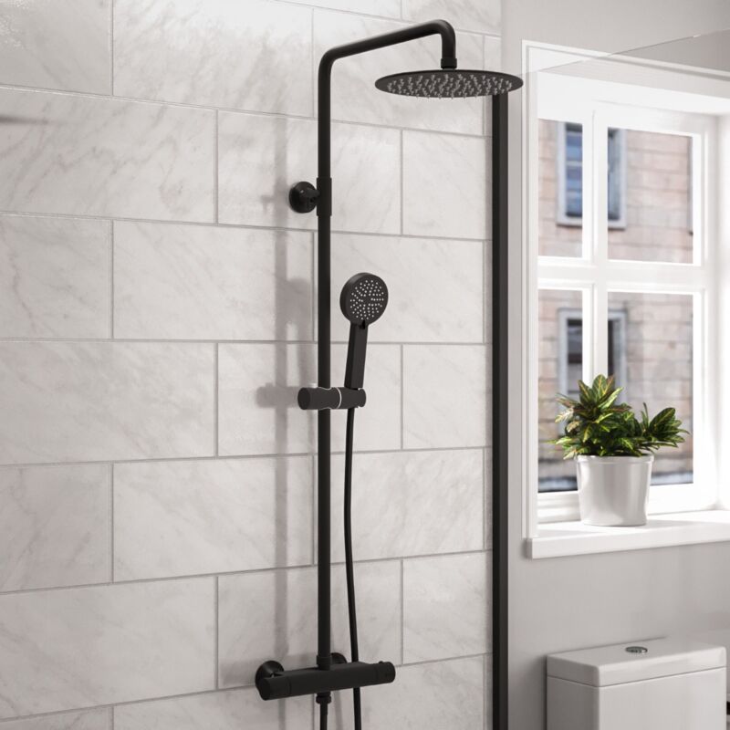 Nes Home Modern Round Matte Black Exposed Thermostatic Mixer Shower Set With Shower Head and Handheld