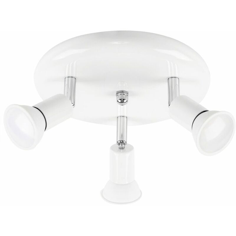 Round Plate 3 Way Ceiling Spotlight + Cool White GU10 LED Bulbs - White