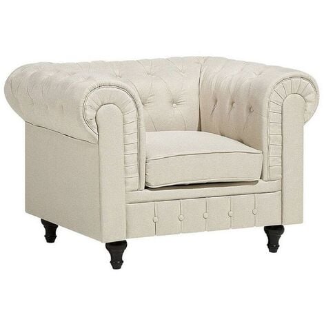 main image of "Modern Scroll Arm Fabric Club Chair Tufted Back Beige Chesterfield"