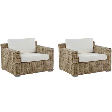 main image of "Modern Set of 2 Rattan Garden Armchairs Wicker with White Cushions Ardea"