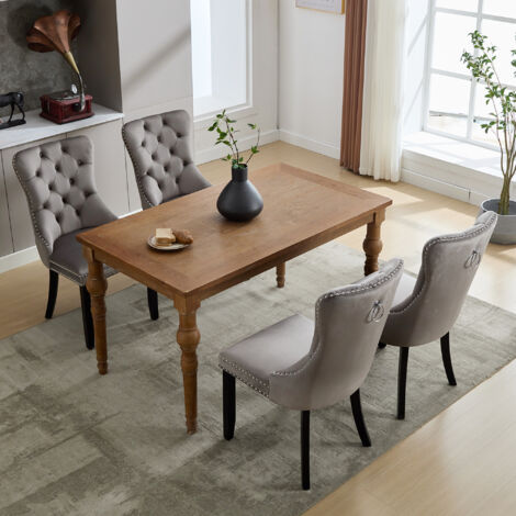 Modern Set of 4 Upholstered Velvet Dining Chairs, Button Tufted Kitchen Lounge Chairs with Solid Wood Legs, Riveted Trim and Knocker Ring, for Dining Room Living Room, Grey