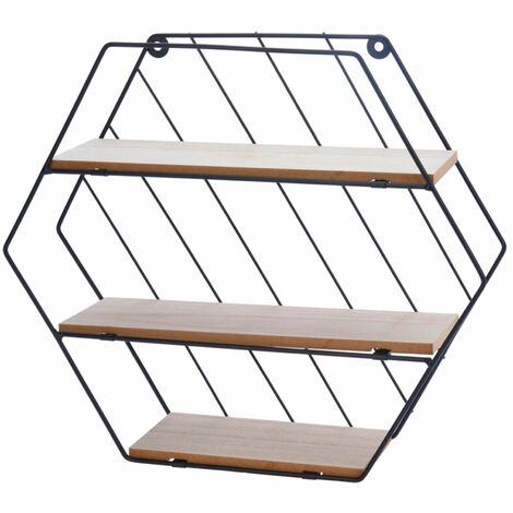 Modern Shelf of Metal Wire and Wood, Decorative Hexagon Shape Storage Rack for Every Type of Room