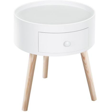 Modern Side Table, Small Coffee Table, Round Bedside Table with Drawer and Wood Legs for Living Room, Bedroom, White
