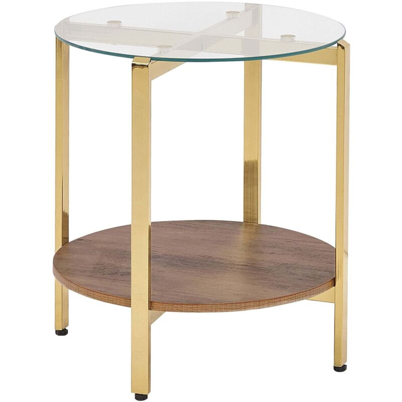 Beliani - Modern Side Table Tempered Glass Tabletop Metal Frame 1 Shelf Dark Wood Gold Ø 50 Cm Lovell