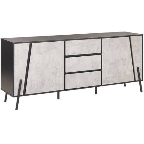 Modern Sideboard Concrete Effect Black Top Metal Legs Storage Cabinets Drawers Blackpool - Grey