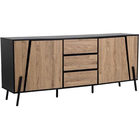 Modern Sideboard Light Wood Black Top Metal Legs Storage Cabinets Drawers Blackpool - Light Wood