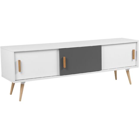Modern Sideboard Solid Wood TV Stand Cable Management Hole White Grey Indiana - White