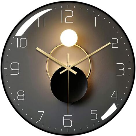 Modern Silent Wall Clock, 30cm Diameter Round Digital Quartz Wall Clock (Black)