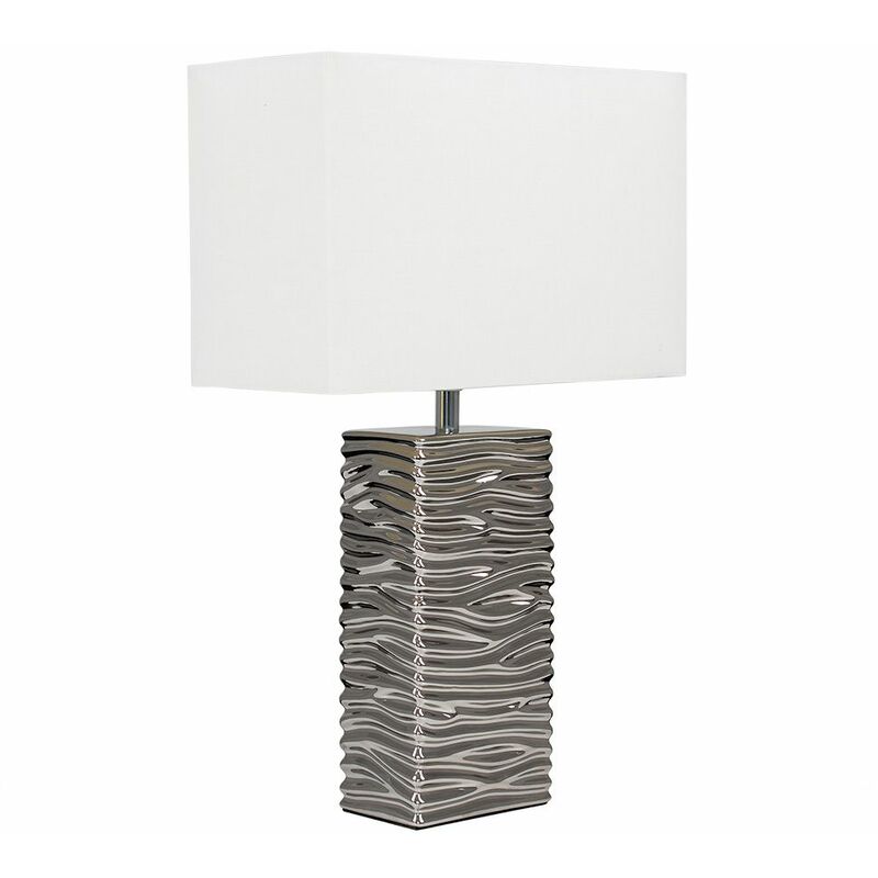 Modern Silver Ripple Effect Ceramic Table Lamp + White Light Shade