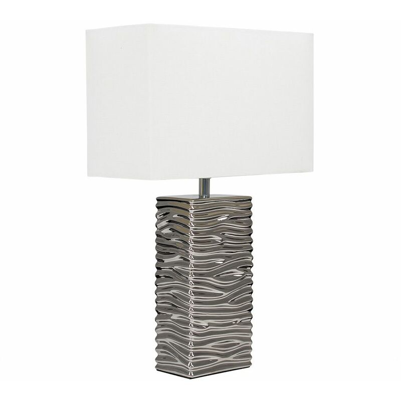 Silver Ripple Ceramic Table Lamp + White Light Shade - 4W LED Candle Bulb - Warm White