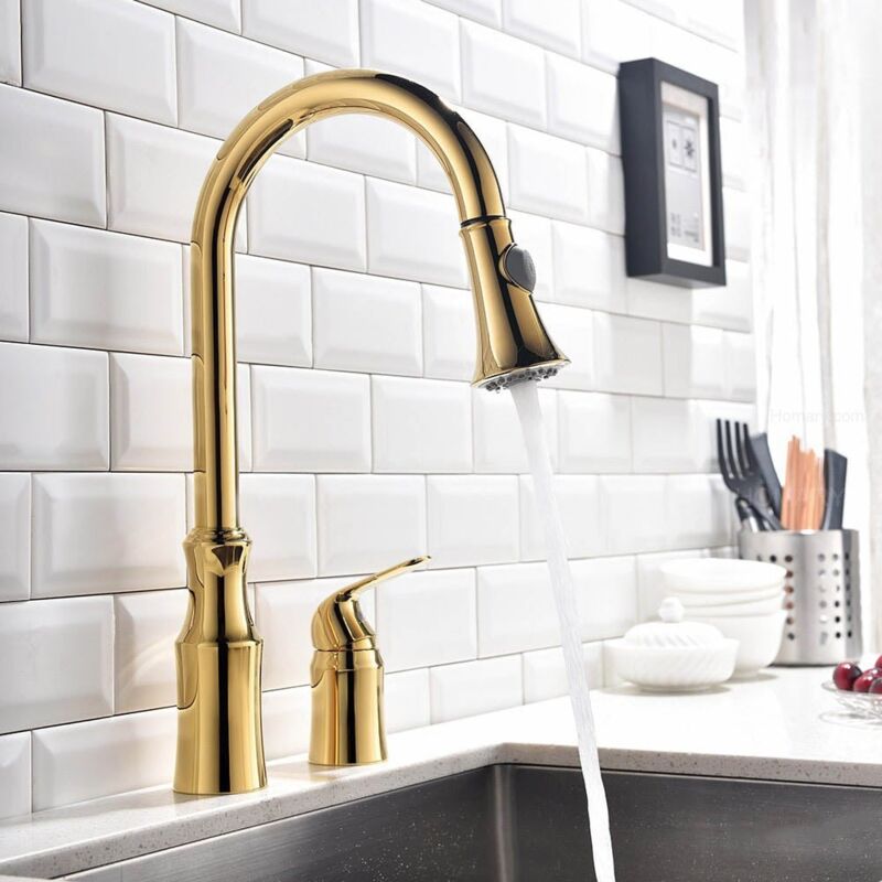 Modern single handle kitchen faucet with gold separate handle