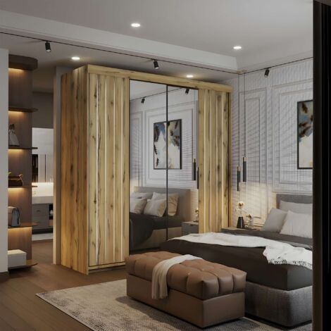 Modern Sliding Wardrobe in 150cm & 200cm with Full-Length Mirror - Oak150cm
