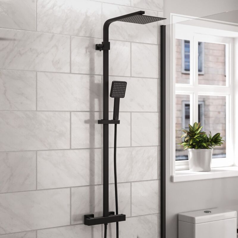 Modern Square Matte Black Exposed Thermostatic Mixer Shower Set With Shower Head and Handheld - Nes Home